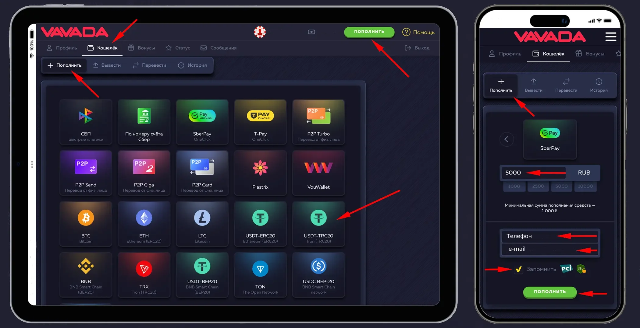 Внесение депозитов